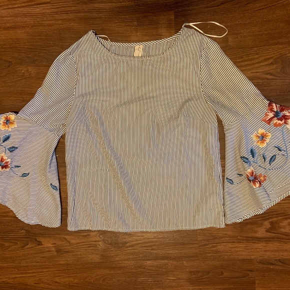 Vertical Striped Blouse with Floral Sleeve Details - Picture 1 of 3